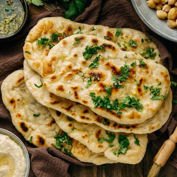 Annapurna Cuisine's Indian naan bread, garnished with fresh cilantro and sesame seeds, on a brown cloth.